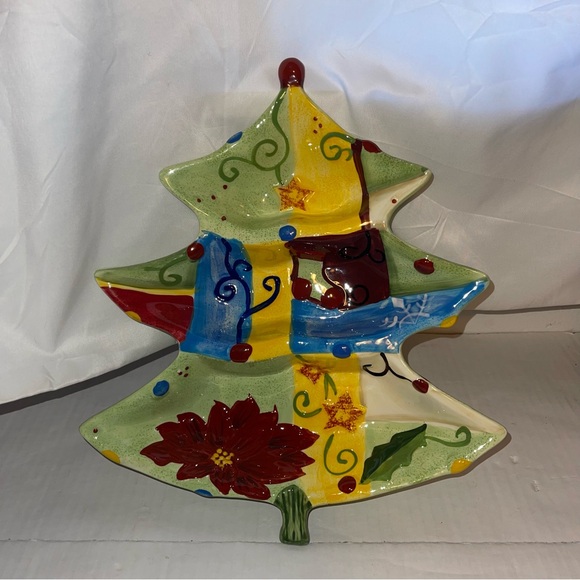CORSICA Holiday Quilt Christmas Tree Shaped Divided Serving Dish Tray Platter - Picture 3 of 3